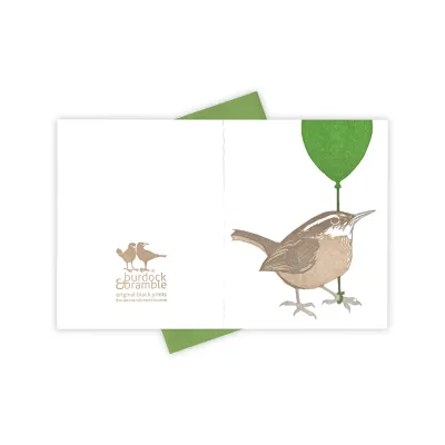 Green Balloon Wren Letterpress Card