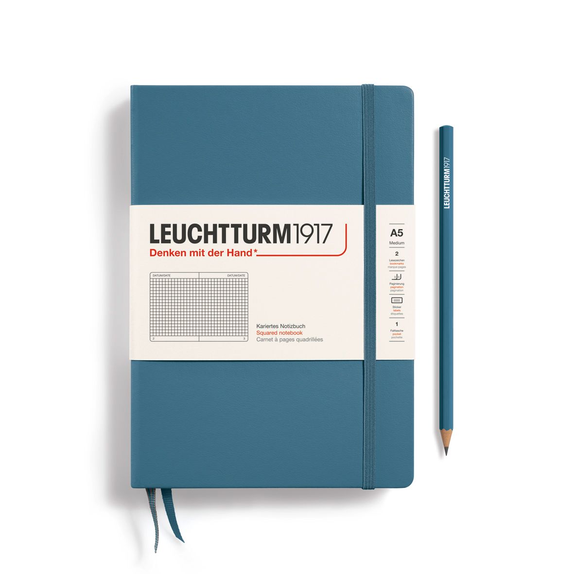 Leuchtturm1917 A5 Medium Hardcover Notebook - Stone Blue, Grid