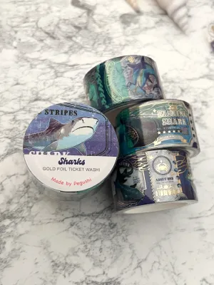 Gold Foil Sharks Ticket Washi Tape