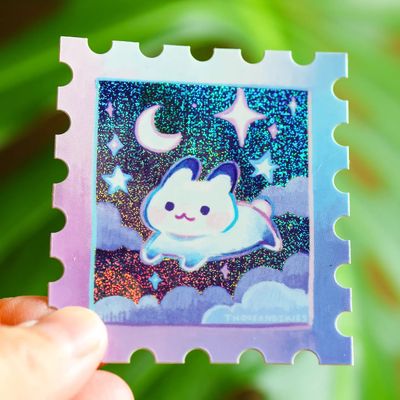 Vinyl Sticker (Holographic) Starry Night and A Rabbit Stamp