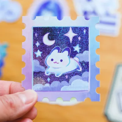 Vinyl Sticker (Holographic) Starry Night and A Rabbit Stamp