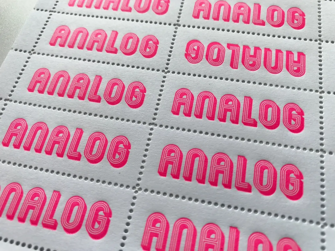 Analog Dayglo Pink Letterpress Lick &amp; Stick Stamps
