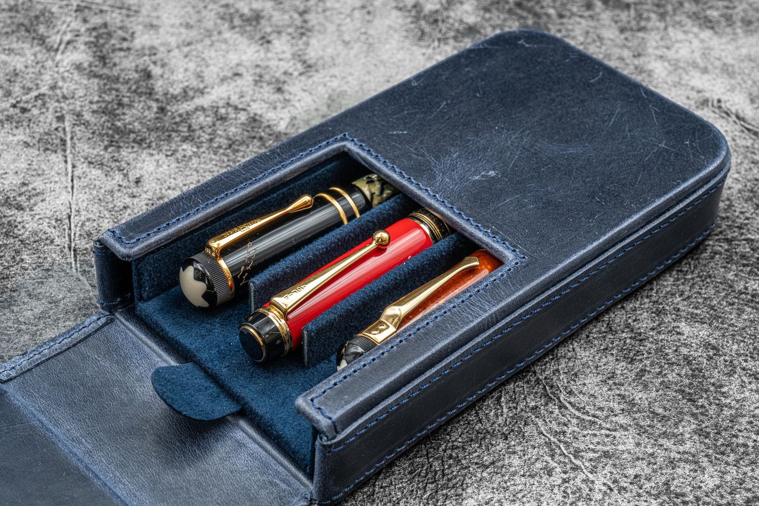 Galen Leather Magnum Opus 3 Slot Hard Pen Case with Removable Tray - Crazy Horse Navy