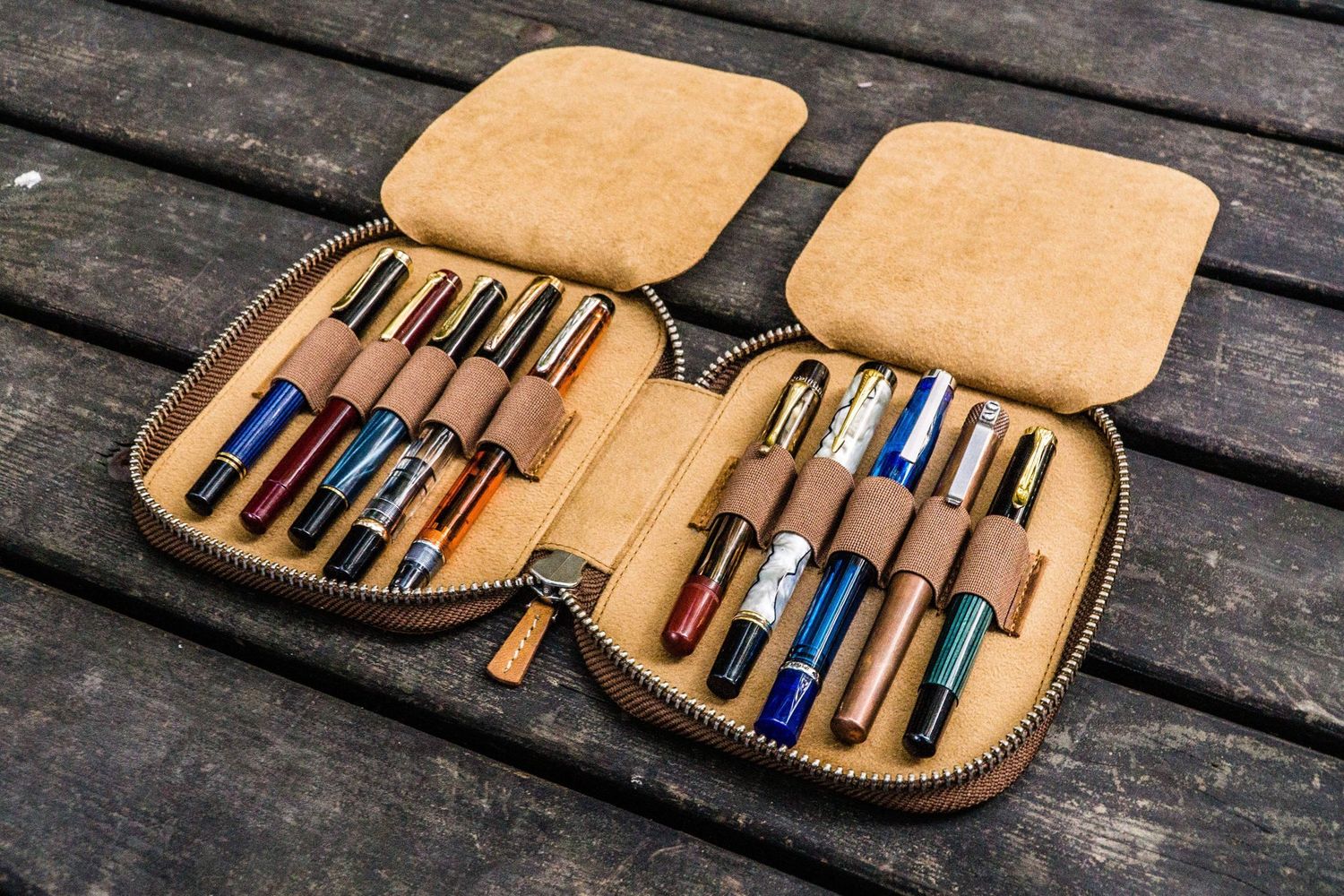 Galen Leather Zippered 10 Slot Pen Case - Crazy Horse Brown