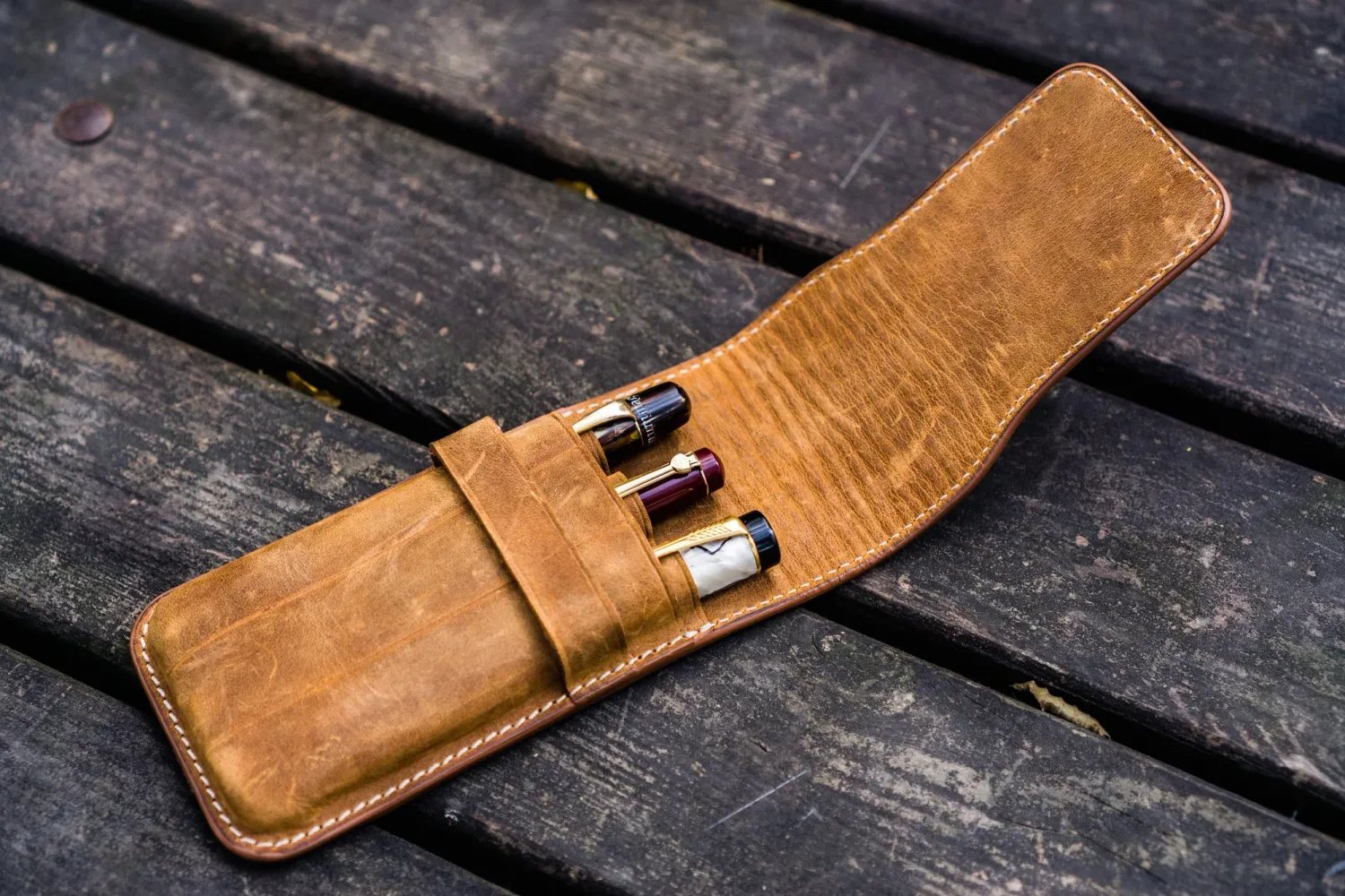 Galen Leather Flap Pen Case for 3 Pens
