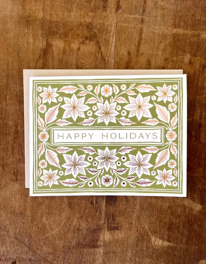 Happy Holidays Green Floral Foil Card (Box of 6)