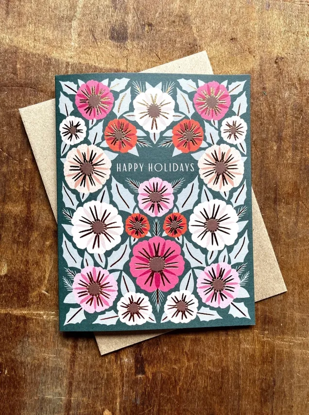 Happy Holidays Green &amp; Pink Floral Foil Card