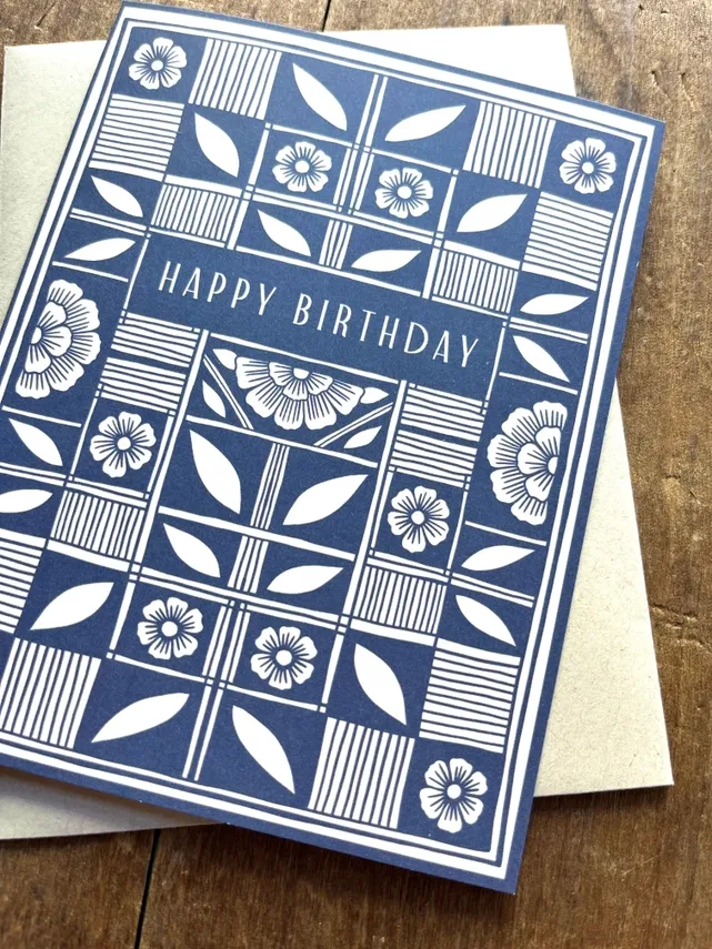 Happy Birthday Blue Floral Grid Card