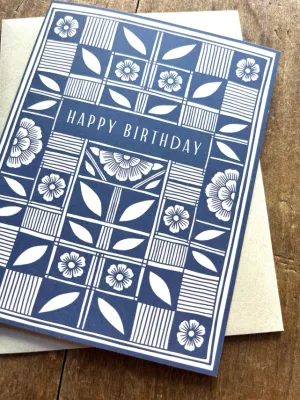 Happy Birthday Blue Floral Grid Card
