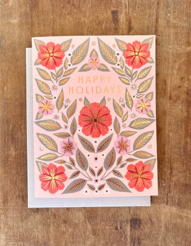 Happy Holidays Foil Stamp Pink Floral Card (Box of 6)