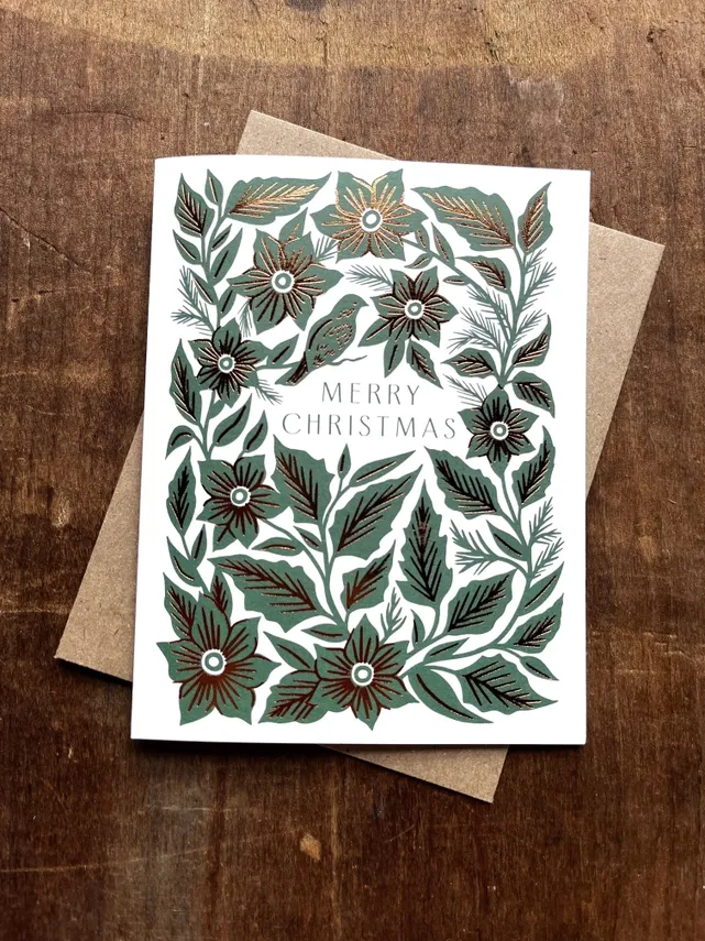 Merry Christmas Green Foliage Foil Card (Box of 6)