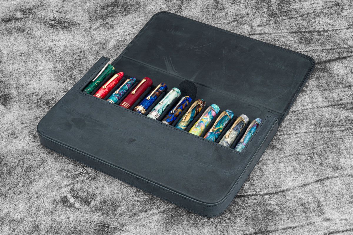 Galen Leather Magnum Opus 12 Slot Hard Pen Case with Removable Tray - Crazy Horse Graphite