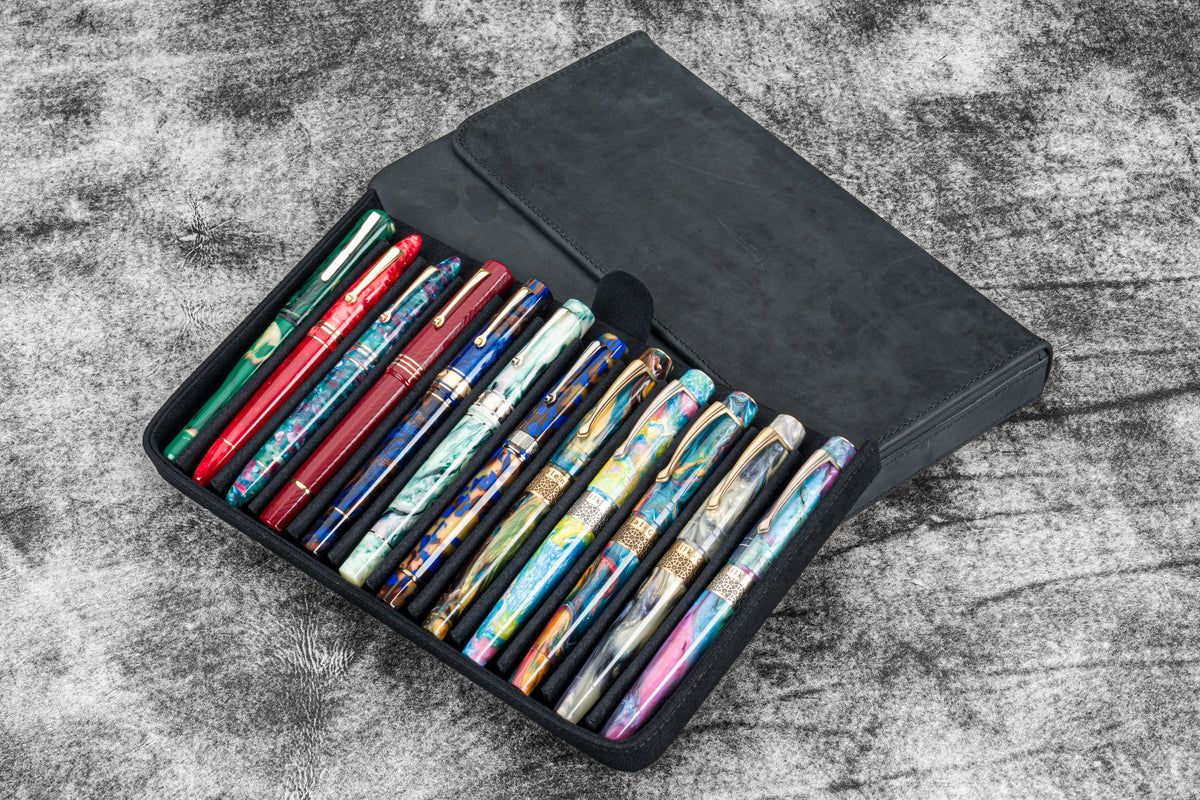 Galen Leather Magnum Opus 12 Slot Hard Pen Case with Removable Tray - Crazy Horse Graphite