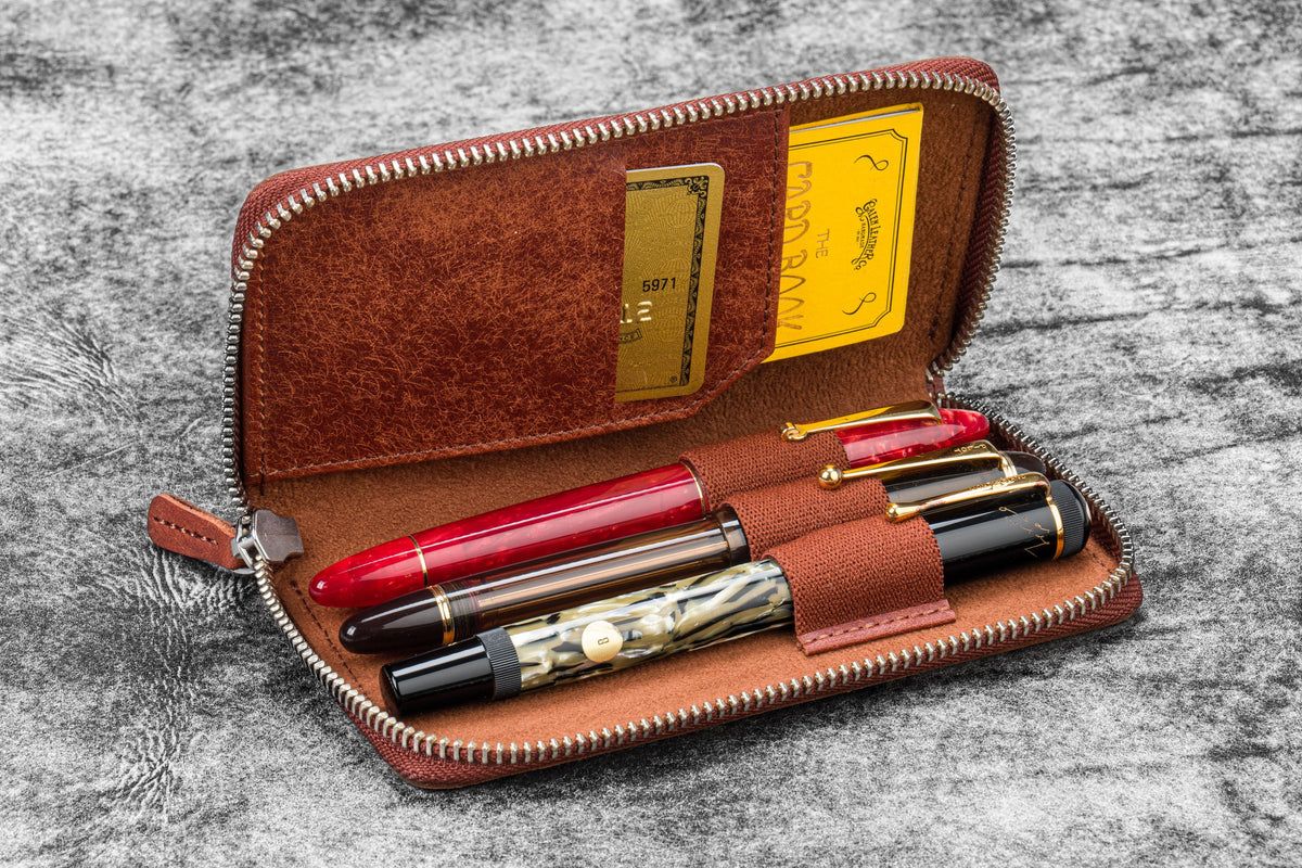 Galen Leather Zippered 3 Slot Pen Case - Aged Copper