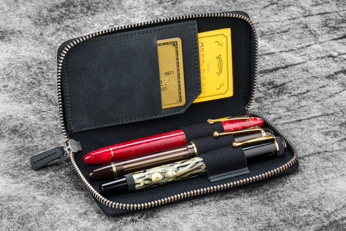Galen Leather Zippered 3 Slot Pen Case - Crazy Horse Graphite