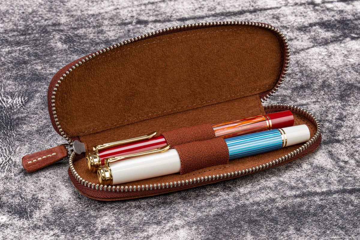 Galen Leather Zippered Duo Slim 2 Slot Pen Case - Aged Copper