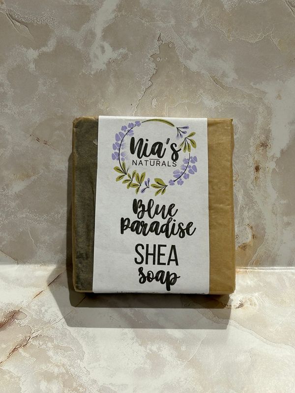 A bar of Blue Paradise Shea Soap by Nia's Naturals, a Vermont soap company