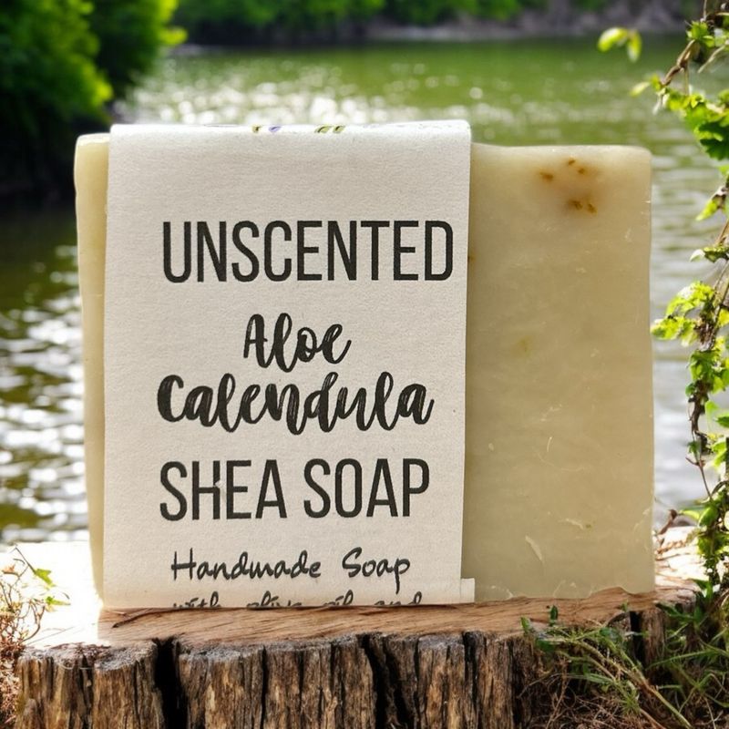 A bar of Unscented Aloe Calendula Shea Soap by Vermont soap company, Nia's Naturals.