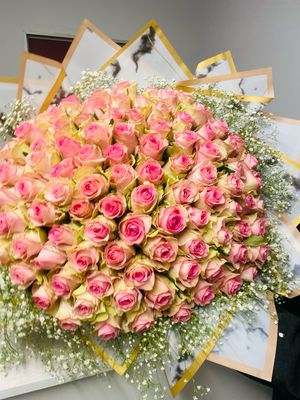 100 Pink Roses With Gyp