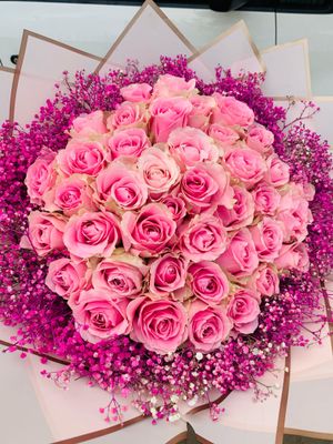 40 Pink Roses with Pink Gyp