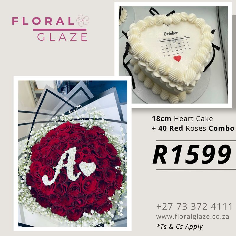 40 Roses and 18cm Heart Cake