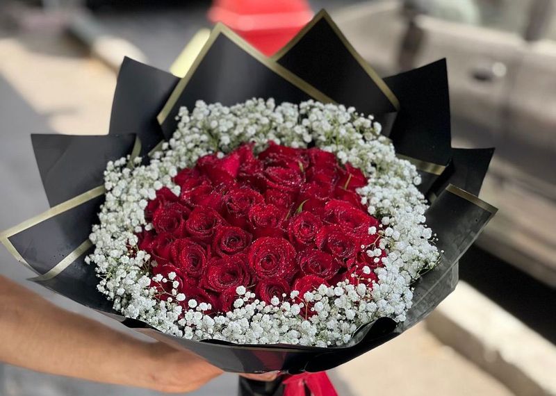 20 Red Imported Roses hugged with baby breath
