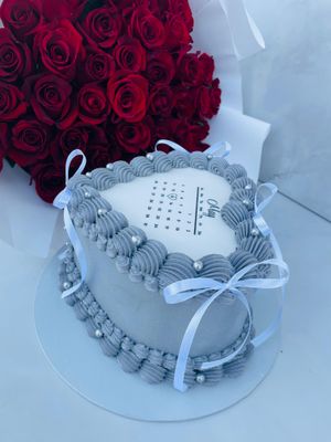 40 red roses with a grey heart cake