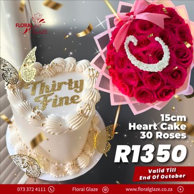 30 red roses with a 15cm Heart Cake