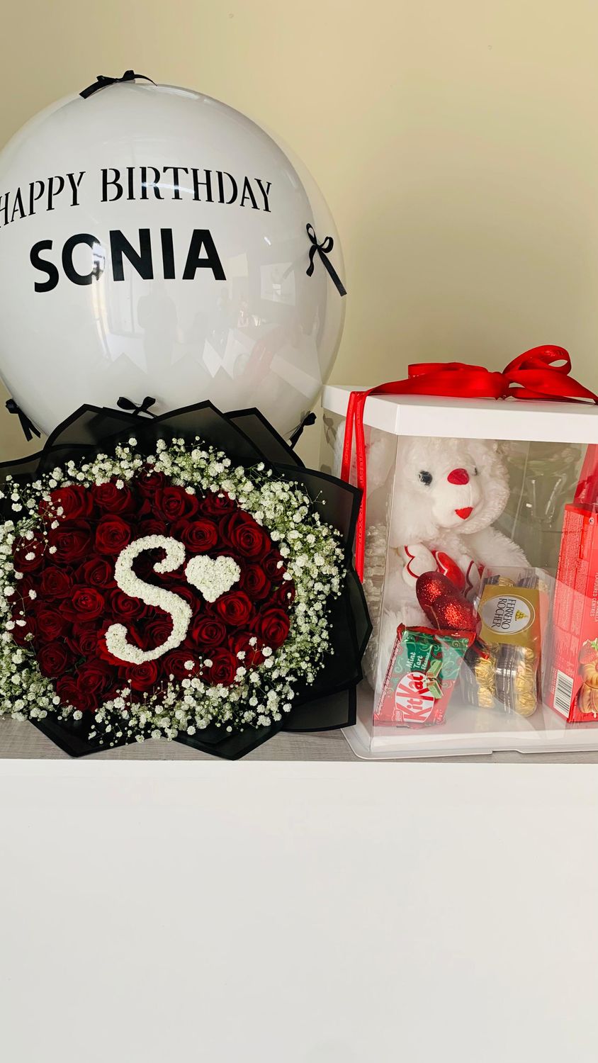 Red Roses, Bobo Balloon and Teddy Bear Set