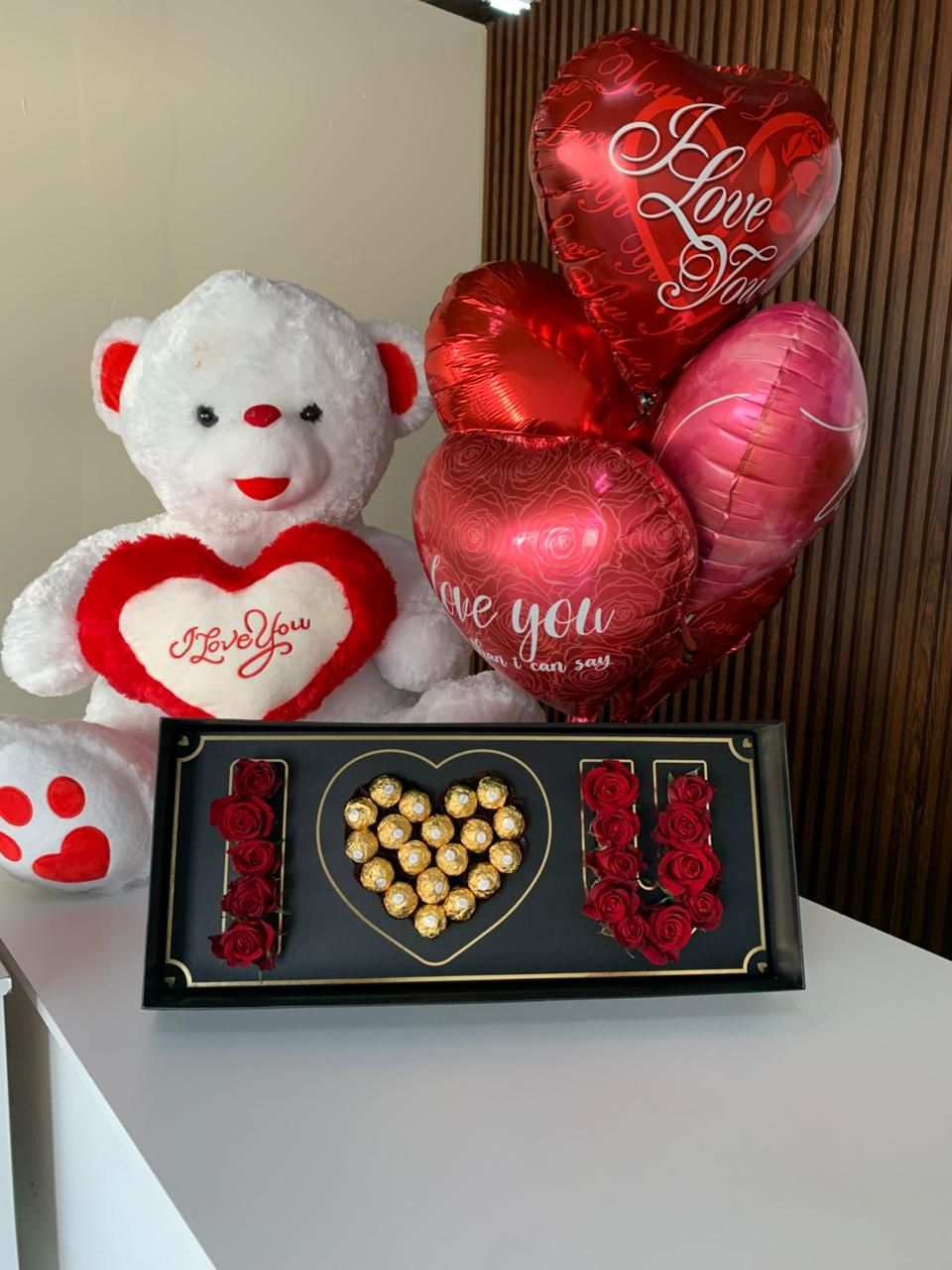 Big Teddy Bear, Balloons and Chocolate Valentine Set