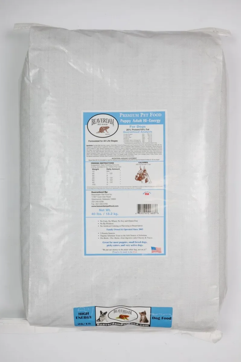 Blue Label - Beaverdam Puppy/Adult 26/18 Hi-Energy Dog Food 40lb ...