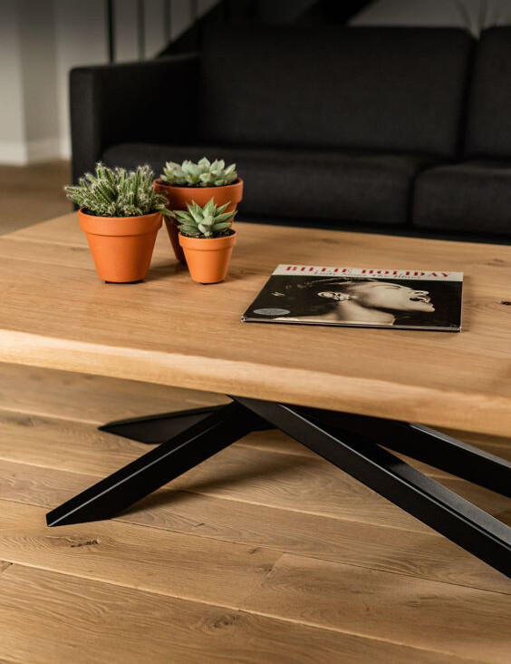Moderner minimalistischer Couchtisch, Stahl &amp; Massivholz CLAUDIA