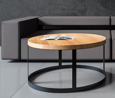 Moderner runder Couchtisch, Stahl &amp; Massivholz RUDY