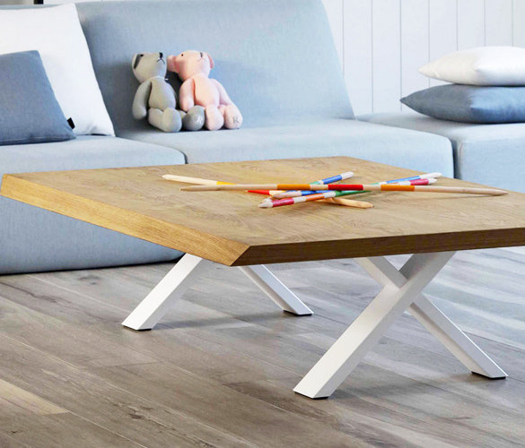 Moderner minimalistischer Couchtisch, Stahl &amp; Massivholz TWINY