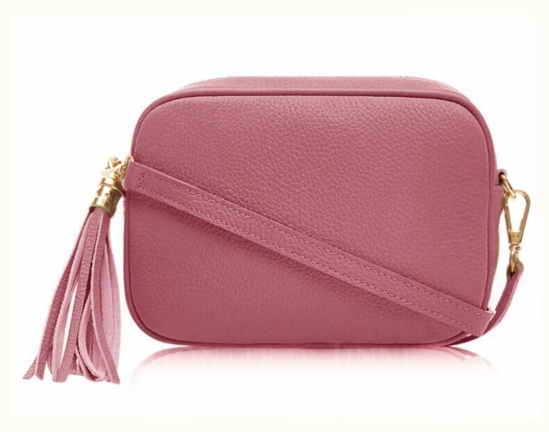 Dusky Pink Textured Leather Tassle Shoulder Bag 