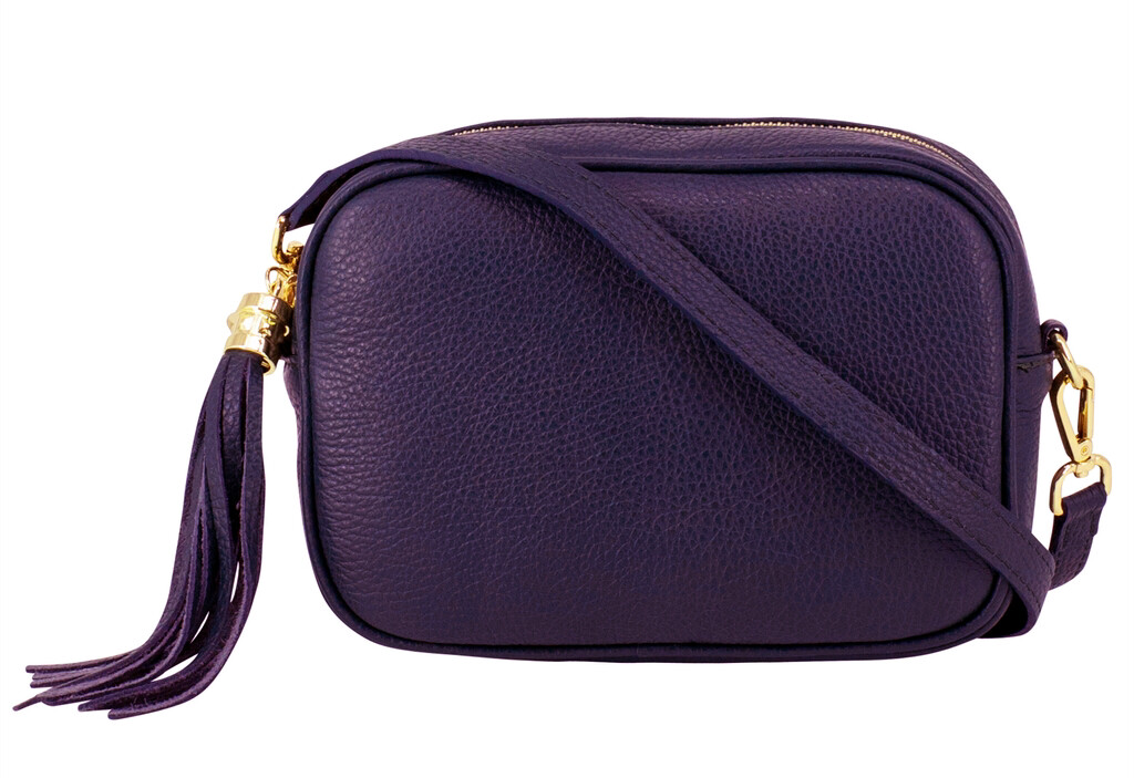 Purple Textured Leather Tassle Shoulder Bag 