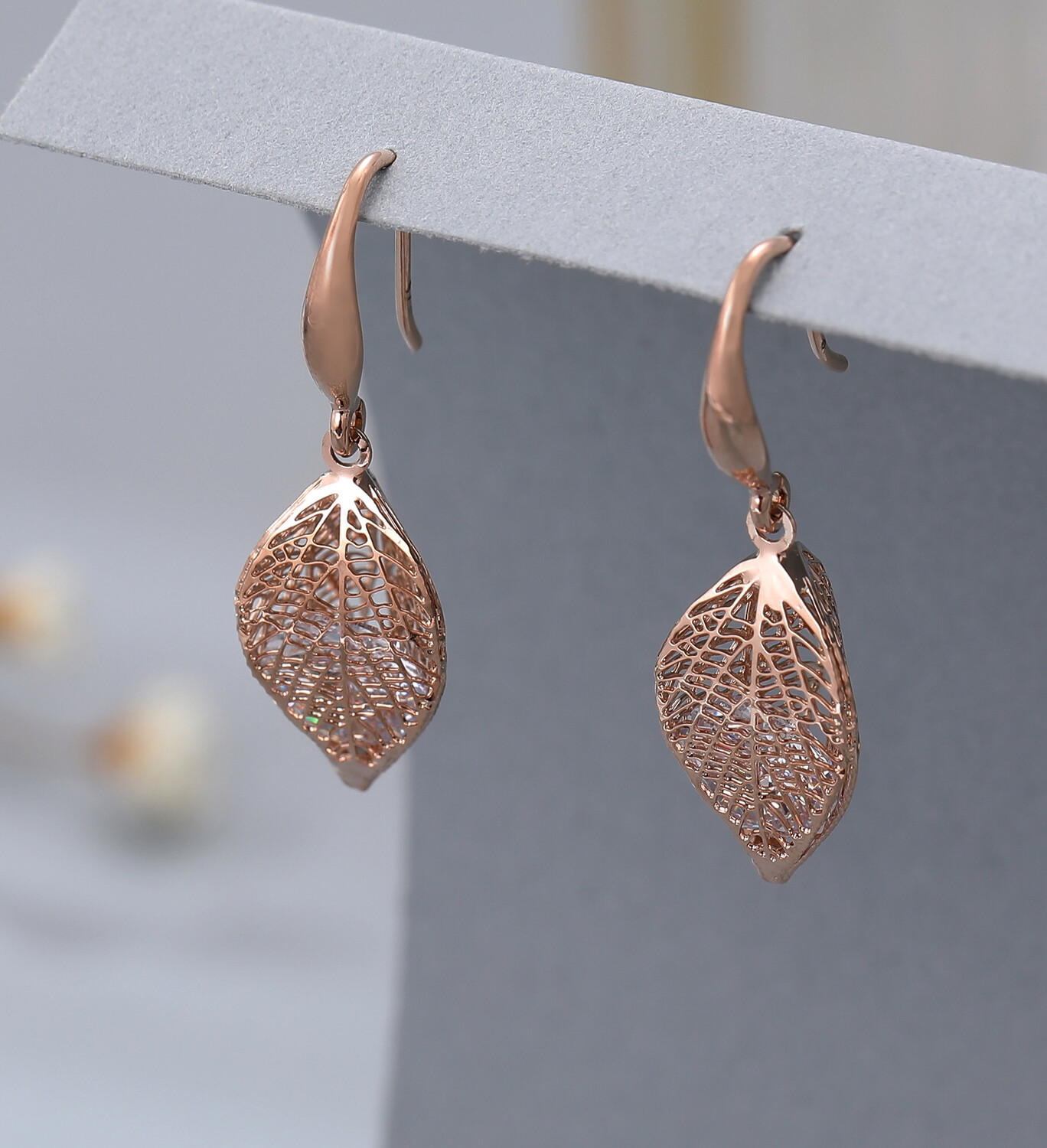  Diamanté Enclosed Leaf Earrings - Short