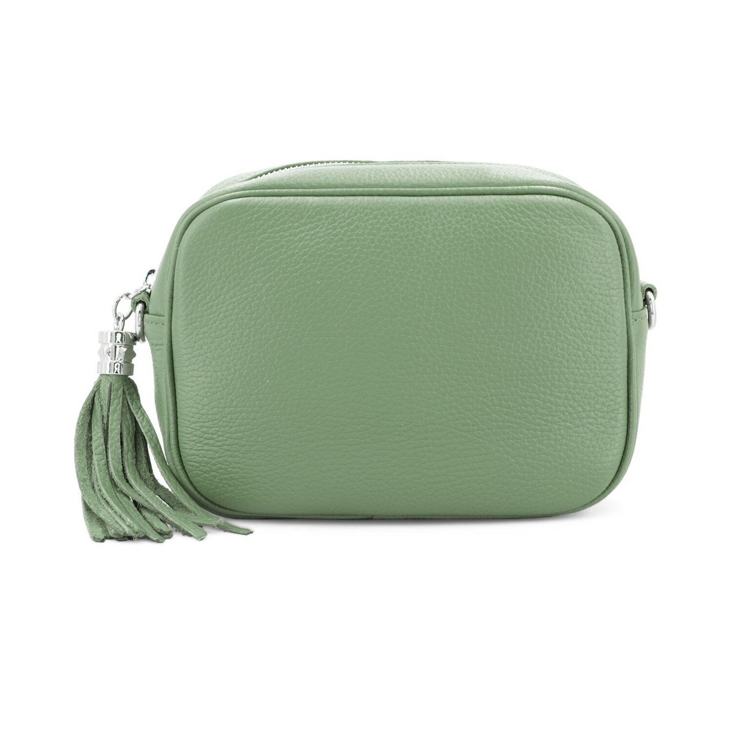 Sage Green Textured Leather Tassle Shoulder Bag 
