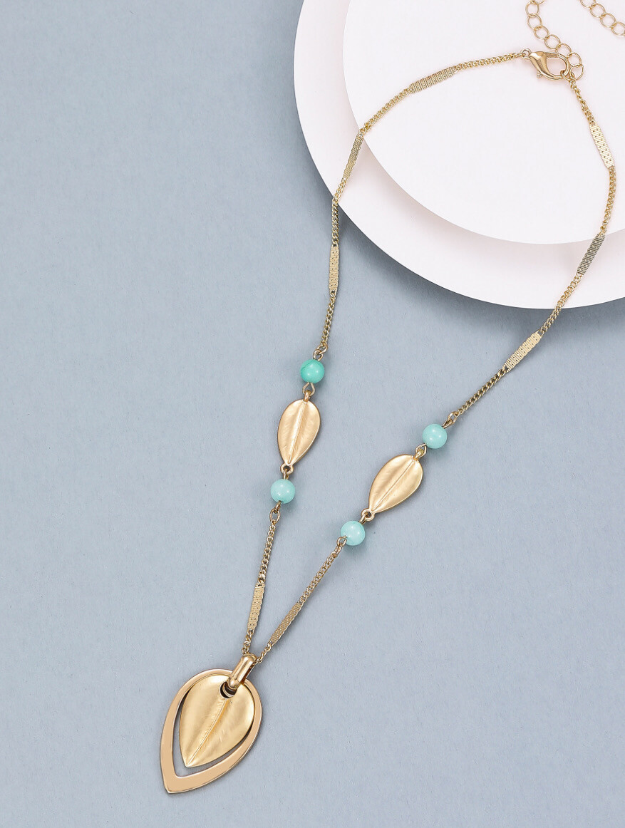 Turquoise Leaf Pendant - Gold