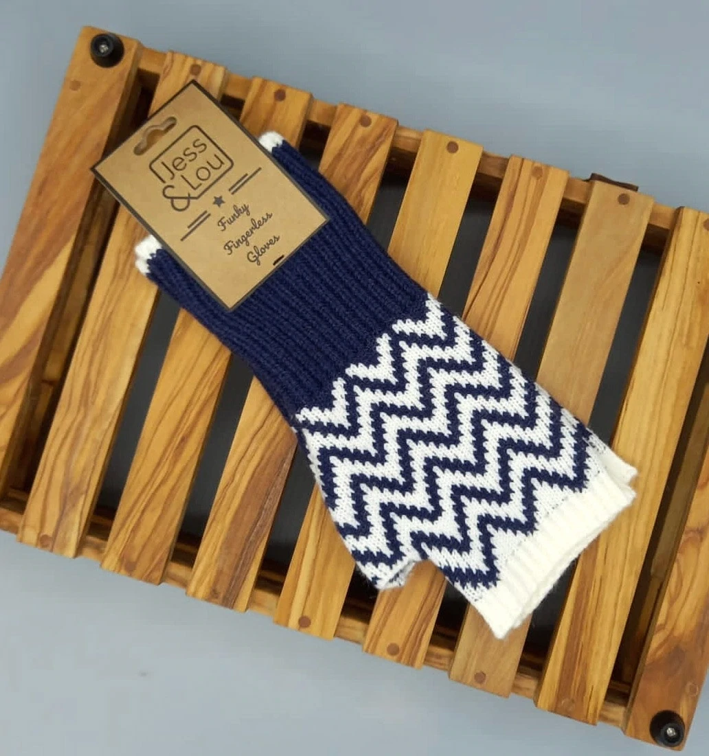 Navy And Off White Herringbone Fingerless Gloves