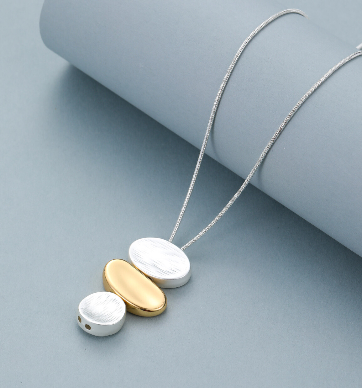 Textured Oval Drop Pendant - Gold And Silver