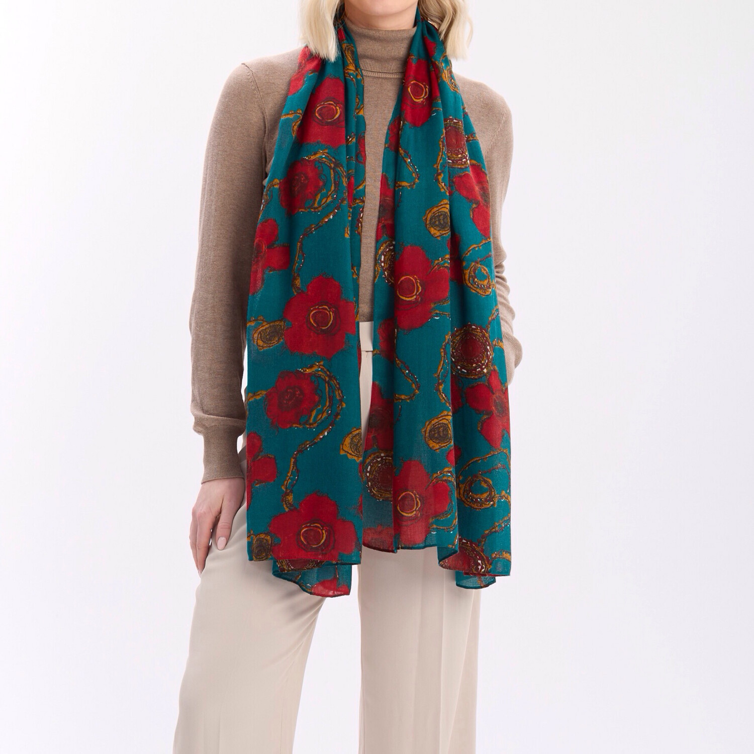 Teal And Red Flower Scarf