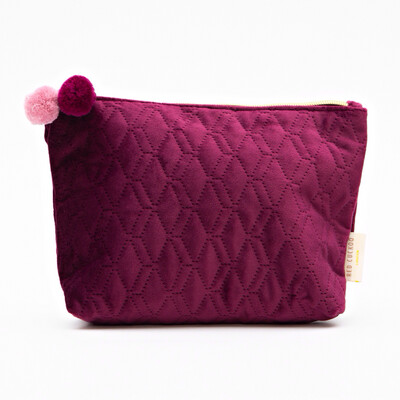 Plum Quilted Pom Pom Cosmetic Bag - Medium