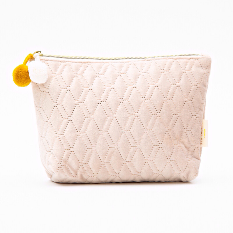 Cream Quilted Pom Pom Cosmetic Bag - Medium