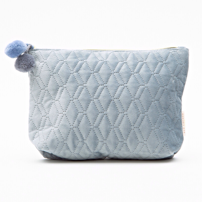 Duck Egg Blue Pom Pom Quilted Cosmetic Bag - Medium