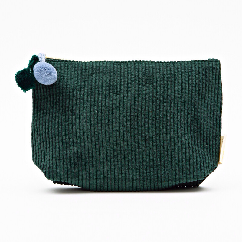Dark Green Corduroy Pom Pom Cosmetic Bag - Medium