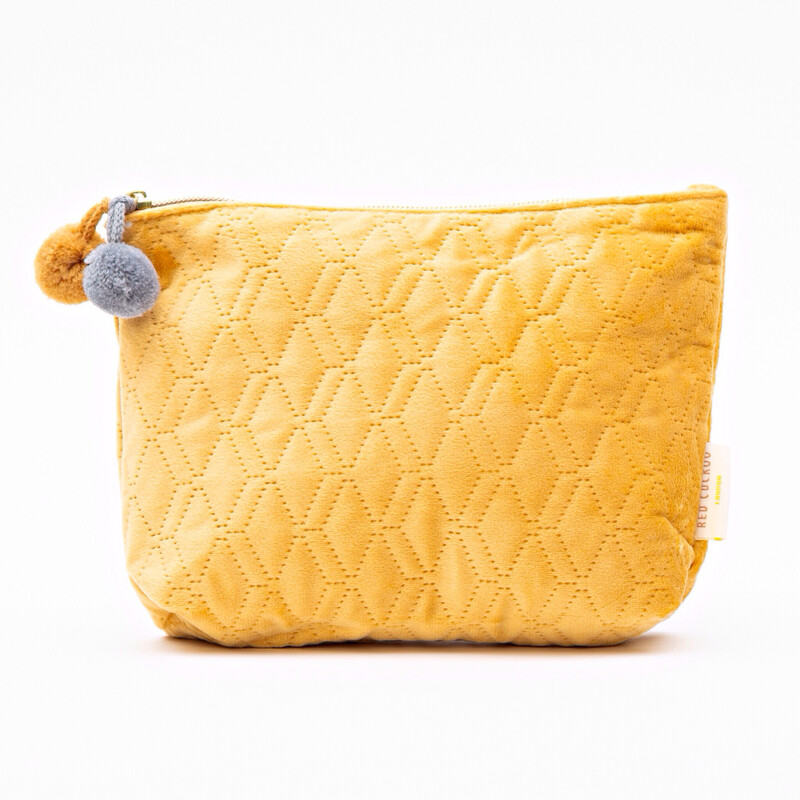 Mustard Quilted Pom Pom Cosmetic Bag - Medium