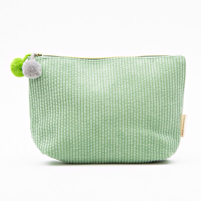 Light Green Corduroy Pom Pom Cosmetic Bag - Medium