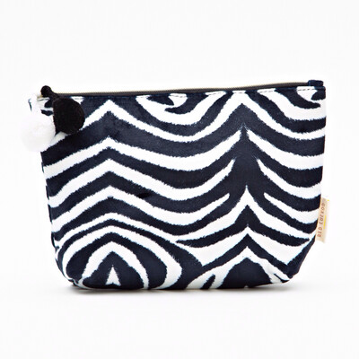 Zebra Print Pom Pom Cosmetic Bag - Medium