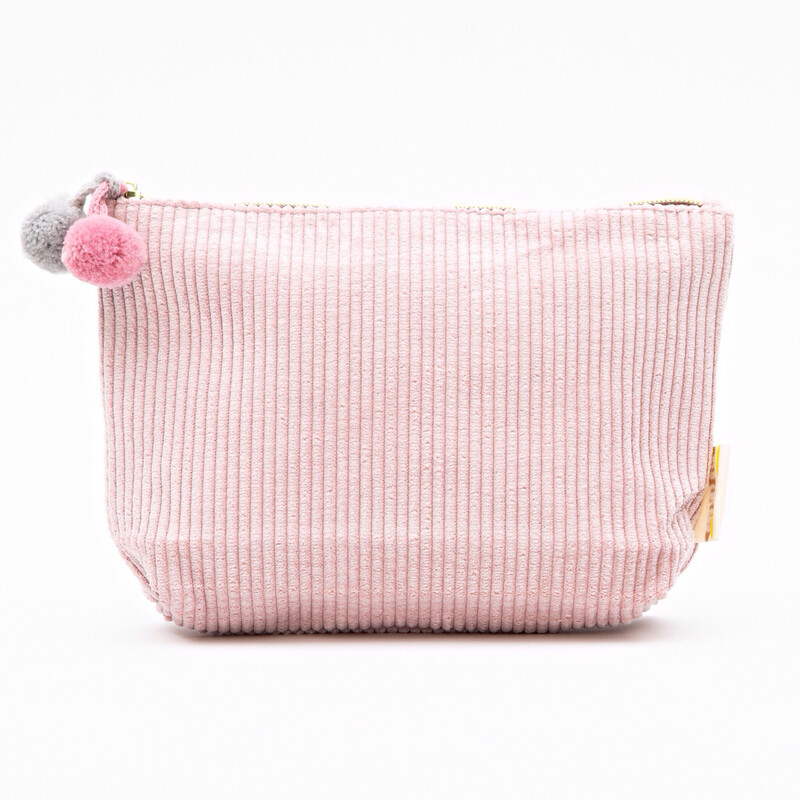 Pink Corduroy Pom Pom Cosmetic Bag - Medium